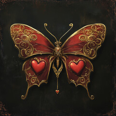 Fantasy butterfly with ornate red heart wings and golden baroque design
