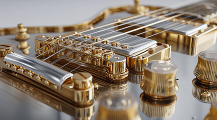 Close-up of luxury gold electric guitar with polished metal detailing

