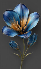 Elegant metallic blue flower with golden stamens on dark minimalist background
