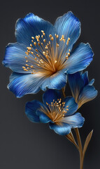 Elegant metallic blue flower with golden stamens on dark minimalist background
