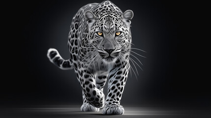 Realistic snow leopard walking forward with intense gaze on dark background
