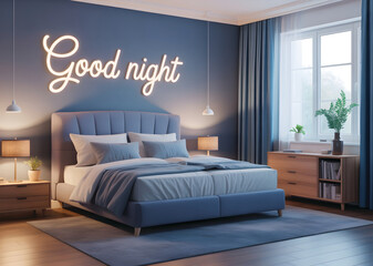 Elegant Modern Bedroom with "Good Night" Neon Sign