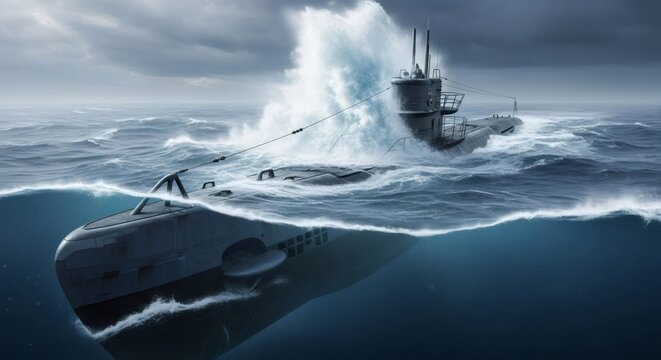 Submarine emerging from rough ocean wave with dark sky. Naval warfare concept. Military vessel for exploration or battle.