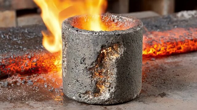 Side view of a ceramic crucible in a forge environment emphasizing its thermal insulation properties and resistance to thermal shock in industrial applications.