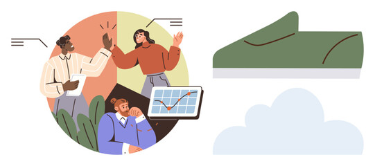 Team celebrating achievements with charts, sustainable shoe outline, and cloud icon. Ideal for teamwork, corporate growth, success, eco-friendliness, innovation analysis positivity. Simple flat