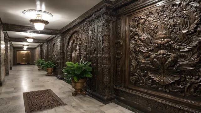 Side angle of deep engraved panels with a mix of basrelief and sunken textures illustrating complex threedimensional artistry on architectural surfaces.