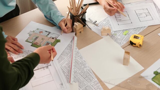 Smart architect and safety engineer discussion about building blueprint on table with architectural document, measurement tools and wooden block scatter around at modern office. Closeup. Delineation.