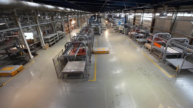 Factory for the production of ceramic tiles. Autonomous guided vehicles and Autonomous Mobile Platform transport products in a large manufacturing plant, indoor. Smart factory interior