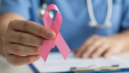 A healthcare professional holds a pink ribbon to promote breast cancer awareness. this symbolic gesture highlights compassion and support.