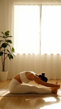 Relaxing morning yoga stretch for flexibility and calmness in a serene indoor setting