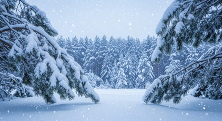 Obraz premium A serene winter landscape featuring snow-covered trees and a tranquil forest scene under a snowy sky.