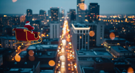 Santa Claus flying in red sleigh over city at night. Christmas Eve tradition concept for holiday greeting card.
