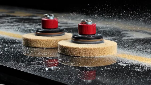 Polishing process in action with slurrycoated pads refining a delicate product illustrating the effectiveness of fine abrasive technology.