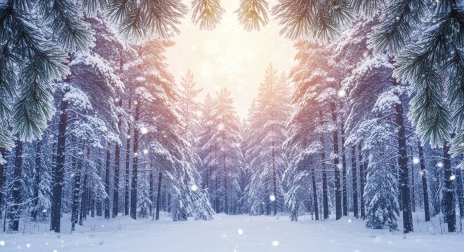 Snowy forest scene with tall pine trees and a bright light shining through the branches.