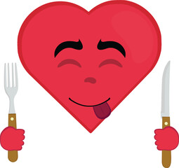 vector illustration emoticon character heart cartoon, an expression of yummy how delicious with a knife and fork in his hands