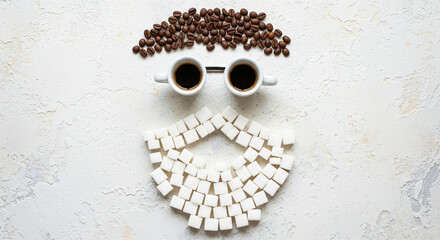 Coffee cups and beans arranged into a smiling face pattern with mini marshmallow mouth, creative food art for cafe design or breakfast menu.