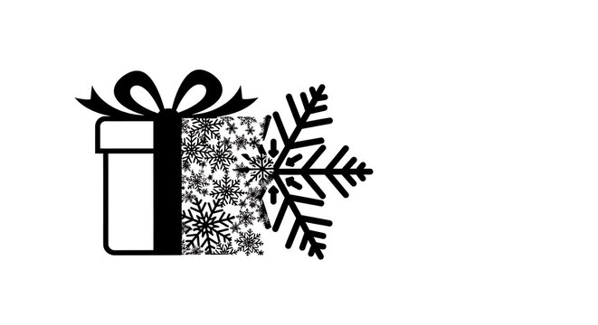 A christmas gift with a bow and snowflake pattern on a white background in black and white colors silhouette