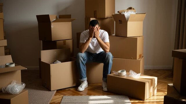 Overwhelmed man feeling relocation fatigue sits among stacks of cardboard boxes. Stressful process of moving to a new apartment. Backward camera movement revealing the messy room.