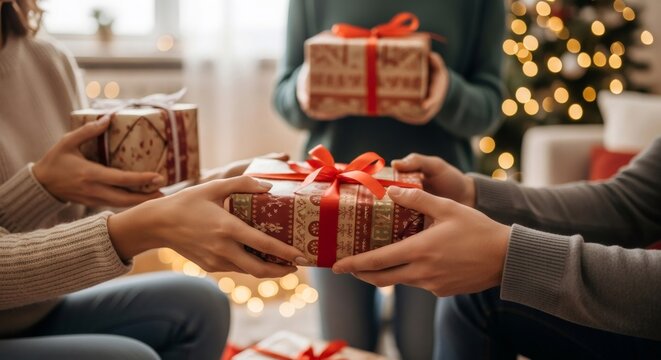 A group of people exchanging Christmas gifts in a festive living room with a decorated Christmas tree. Holiday season of giving and celebration concept.