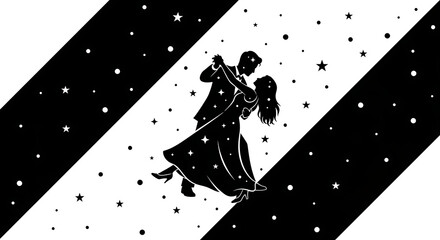 Silhouette of a dancing couple with stars on a black and white background with diagonal stripes