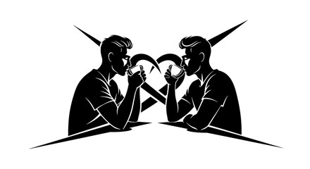 Two men drinking coffee facing each other with crossed arrows in a black and white graphic design silhouette