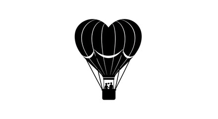 Black silhouette of a heart shaped hot air balloon with a couple in the basket on white