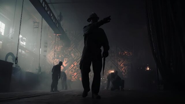 Silhouetted workers in a dim, industrial setting with machinery
