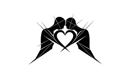 Two figures in silhouette forming a heart shape with sharp lines on a white background art design
