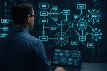 Man analyzing data flowchart on laptop and digital screen, technology concept with futuristic interface and network visualization in dark room