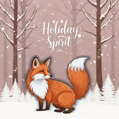 Obraz premium Cute fox in a snowy forest during winter, surrounded by trees and little christmas trees, with text Christmas spirit. Holiday card.
