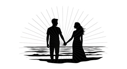 Silhouette of couple holding hands on a beach with sun rays in a black and white illustration
