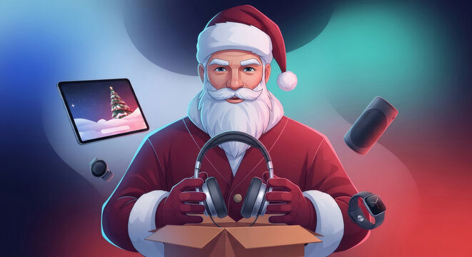 Santa Claus holding headphone coming out of gift box with smart devices around him for Christmas present concept.