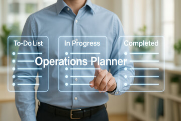 Operations planner concept with to do list, in progress, and completed tasks displayed on virtual screen, business person managing workflow efficiently