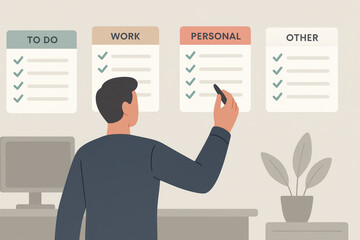 Man organizing checklist on wall with categories to do, work, personal, and other, planning tasks with calm focus in office environment