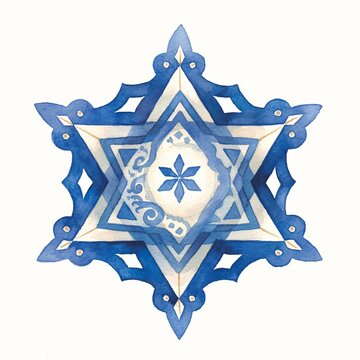 Blue watercolor star of David pattern with decorative elements. Hand drawn Jewish symbol for Hanukkah, Passover, and other religious holiday design.