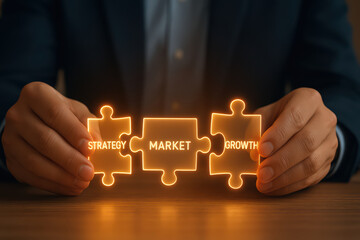 Businessman holding glowing puzzle pieces with strategy, market, and growth words, symbolizing successful business planning and development in warm, focused setting