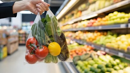 Shopper gracefully carries vibrant vegetables in ecofriendly bag through colorful produce aisle. explore sustainable grocery shopping and conscious consumerism. - Powered by Adobe