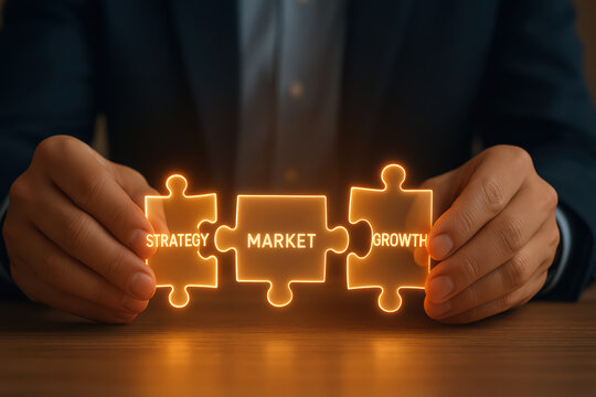 Businessman holding glowing puzzle pieces with strategy, market, and growth words, symbolizing successful business planning and development in warm, focused setting - Powered by Adobe