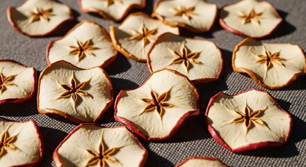 Fototapeta premium Dried apple slices with star anise and sugar. Healthy snack or Christmas holiday decoration. Homemade sweet treat for winter season.