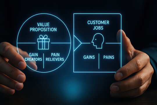 Value proposition customer jobs gain creators pain relievers gains pains business strategy marketing concept hands digital interface innovation technology user experience product development