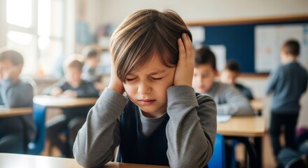 Caucasion boy covering ears in a classroom due to sensory overload from noise. Concept of neurodiversity, developmental delay, and difficult parenting.