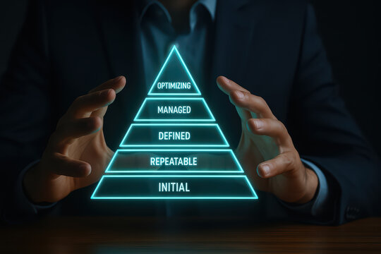 Business process maturity pyramid glowing with levels initial, repeatable, defined, managed, and optimizing, held by hands in dark suit, symbolizing growth and improvement