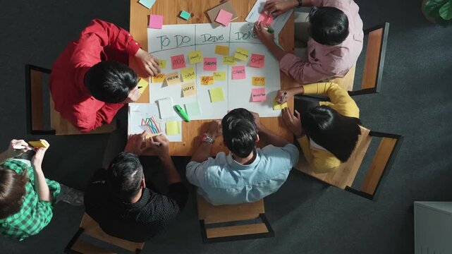 Time lapse of people writing and making scrum task board while writing marketing and planning strategy at colorful sticky notes. Smart team manage work performance by using kanaban board. Convocation.