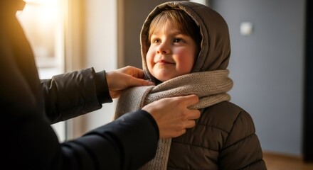 Fototapeta premium Woman putting a warm scarf on a young girl child. Preparing for cold weather. Childhood, care, and family concept for winter season.