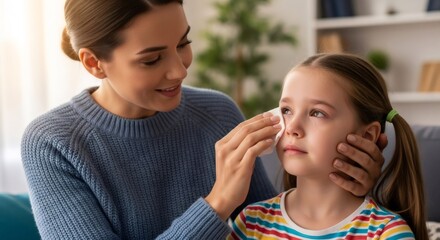 Woman wiping tear from crying girl eye. Mother comforting sad child in difficult moment at home. Childhood issues.