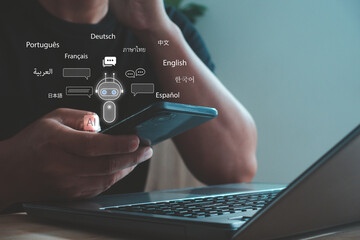 AI-powered multilingual chatbot interface on smartphone with global language icons, showcasing modern communication, translation technology and digital assistance for international users.