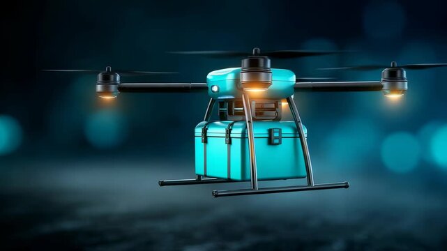 Modern delivery drone carrying a teal package box in flight, illuminated by glowing lights against a blurred blue background. Futuristic technology revolutionizes urban logistics and shipping