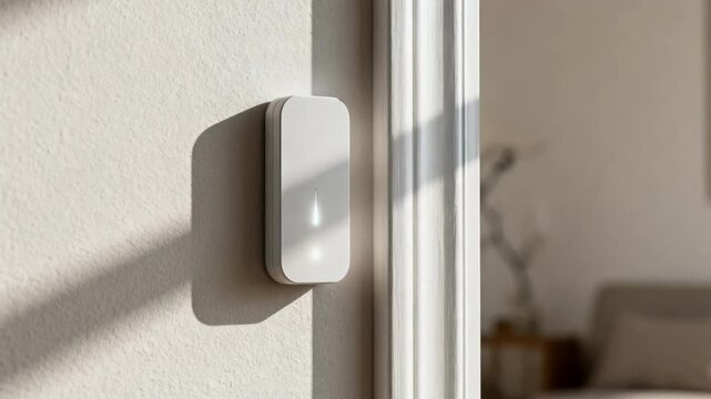 Medium shot of a sleek wireless moisture sensor installed discreetly near a window capturing early water intrusion with seamless remote alerts for proactive home protection.