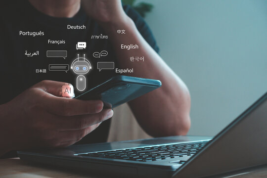 AI-powered multilingual chatbot interface on smartphone with global language icons, showcasing modern communication, translation technology and digital assistance for international users.
