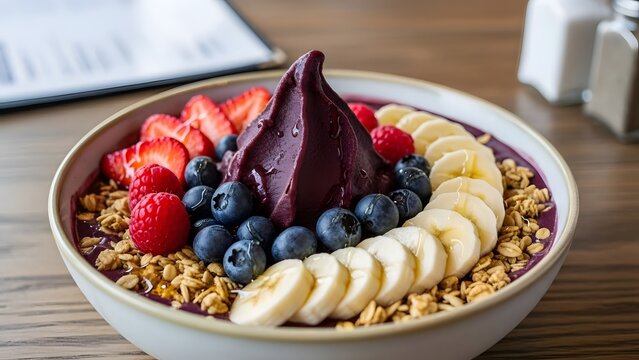 Close up of an açaí bowl with granola, bananas, strawberries, blueberries, and raspberries on a table